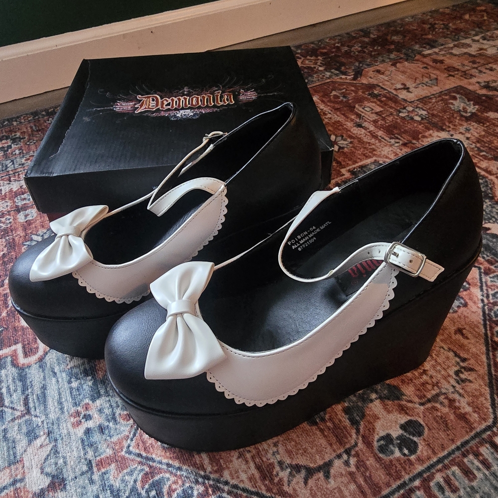 Demonia Black and White Bow Platform Shoes